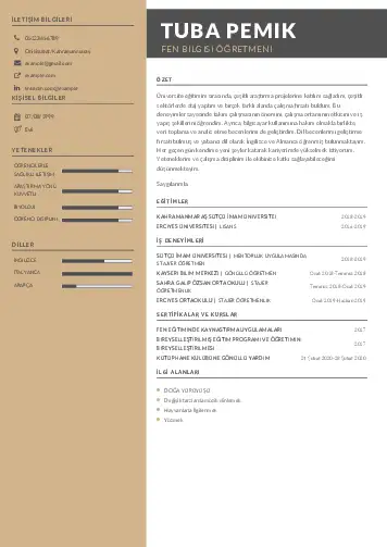 Fen Bilgisi Öğretmeni CV Örnekleri cv indir